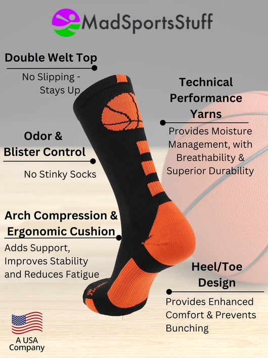 Basketball Socks with Basketball Logo Athletic Crew Socks - made in the USA