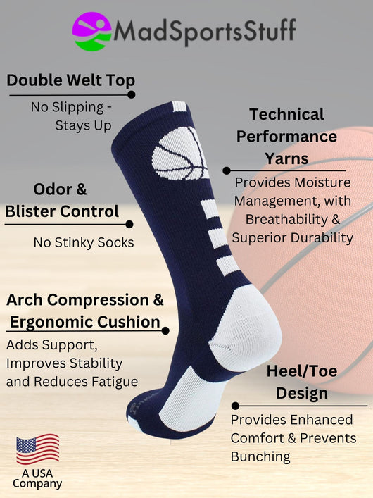 Basketball Socks with Basketball Logo Athletic Crew Socks - made in the USA