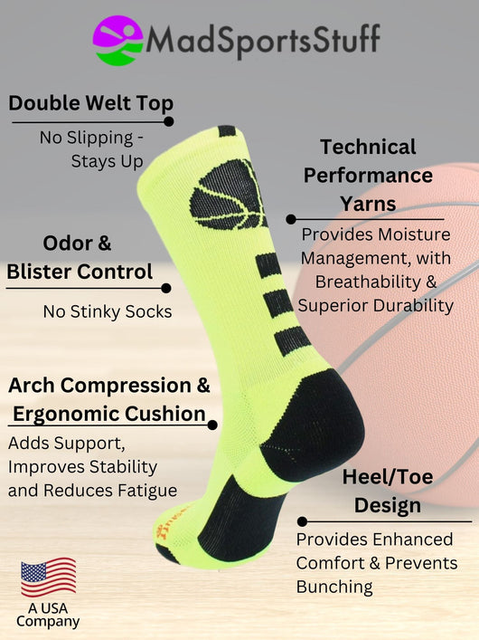 Basketball Socks with Basketball Logo Athletic Crew Socks - made in the USA